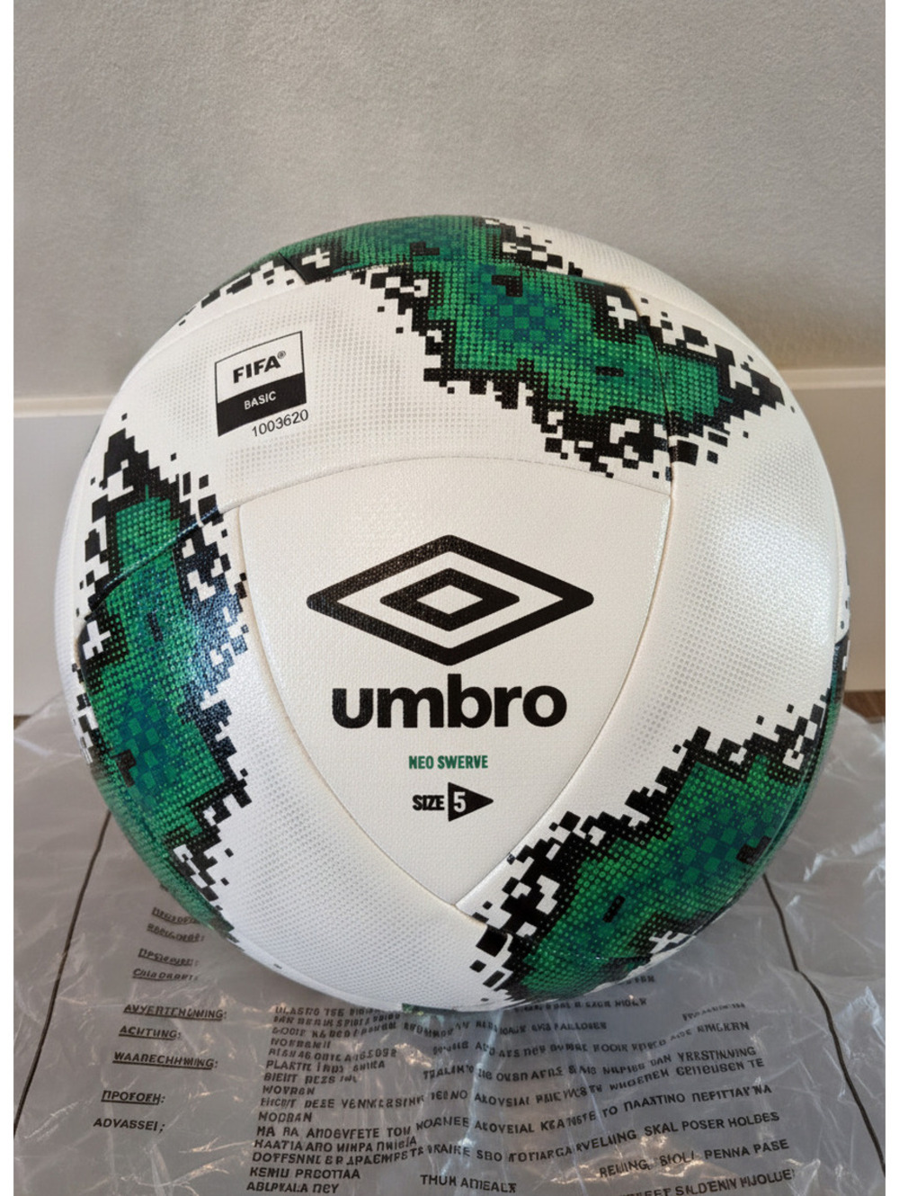 Umbro Neo Swivel Soccer Ball Size 5, White with Green and Black Pixel Design